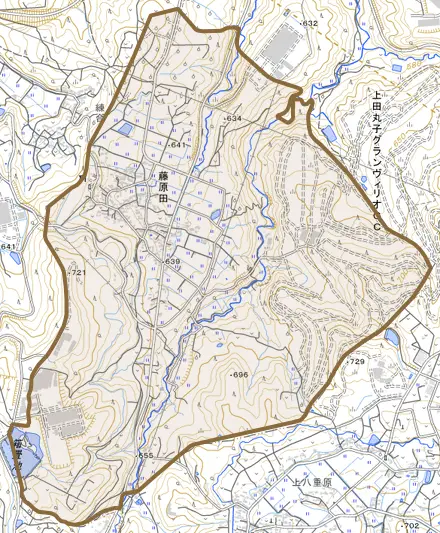 藤原田とその周辺の地図。町の範囲を重ねている