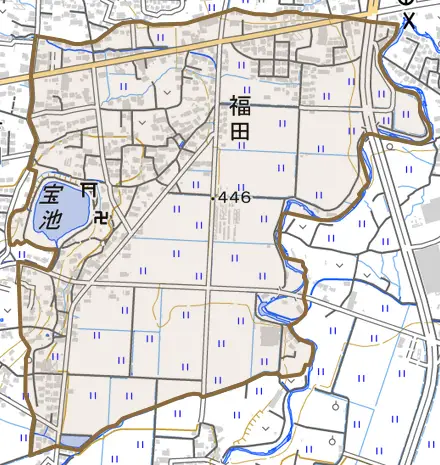 福田とその周辺の地図。町の範囲を重ねている