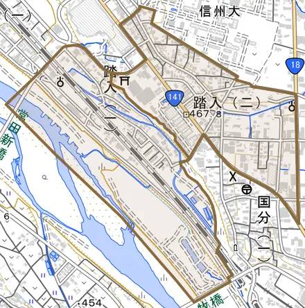踏入とその周辺の地図。町の範囲を重ねている