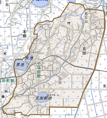 五加とその周辺の地図。町の範囲を重ねている