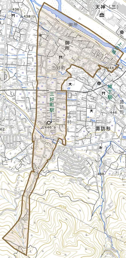 御所とその周辺の地図。町の範囲を重ねている