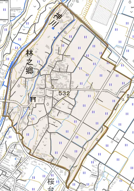 林之郷とその周辺の地図。町の範囲を重ねている