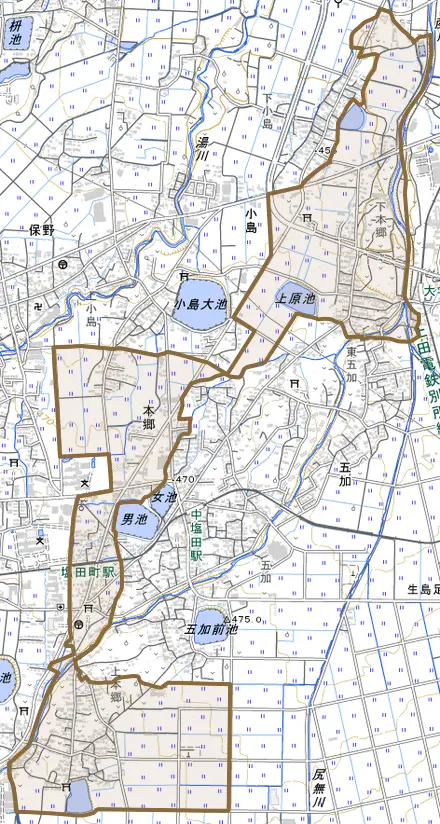 本郷とその周辺の地図。町の範囲を重ねている