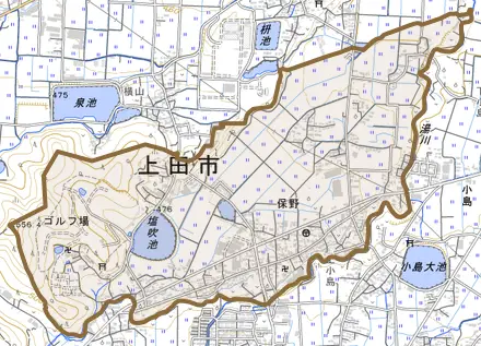 保野とその周辺の地図。町の範囲を重ねている