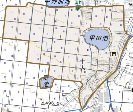 十人とその周辺の地図。町の範囲を重ねている