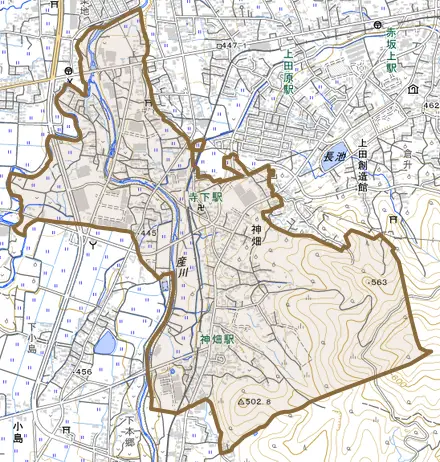 神畑とその周辺の地図。町の範囲を重ねている