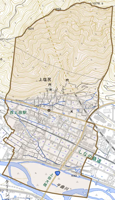 上塩尻とその周辺の地図。町の範囲を重ねている
