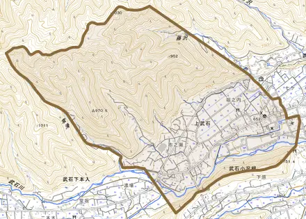 上武石とその周辺の地図。町の範囲を重ねている