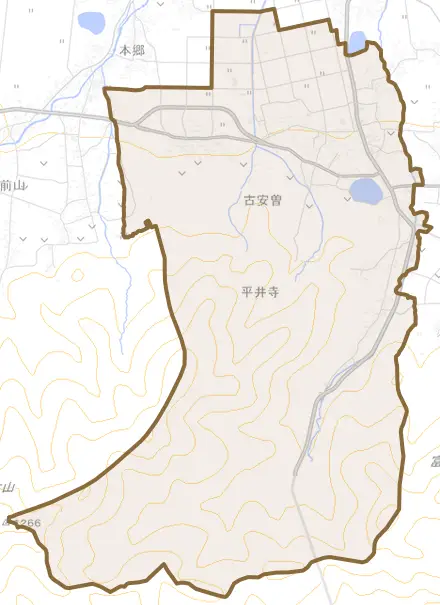 古安曽とその周辺の地図。町の範囲を重ねている