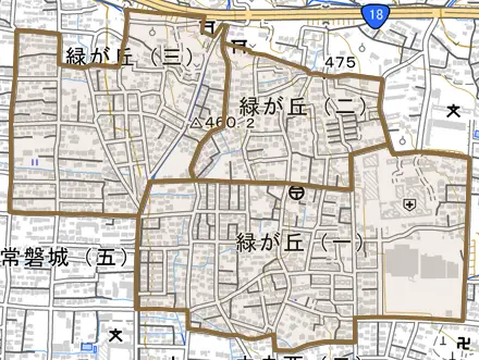緑が丘とその周辺の地図。町の範囲を重ねている
