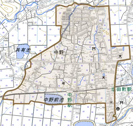 中野とその周辺の地図。町の範囲を重ねている