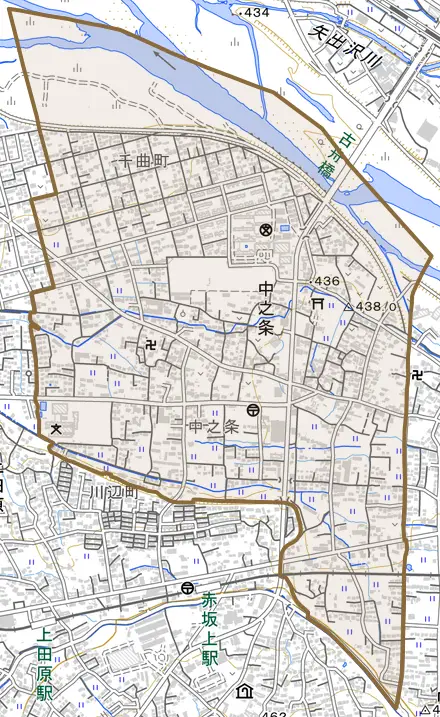 中之条とその周辺の地図。町の範囲を重ねている