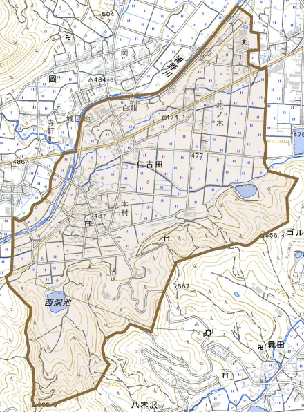 仁古田とその周辺の地図。町の範囲を重ねている