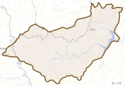 野倉とその周辺の地図。町の範囲を重ねている