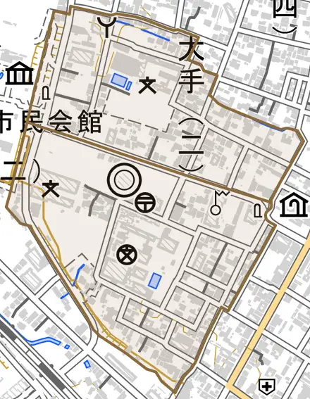 大手とその周辺の地図。町の範囲を重ねている