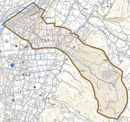 下丸子とその周辺の地図。町の範囲を重ねている