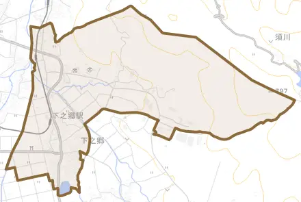 下之郷とその周辺の地図。町の範囲を重ねている