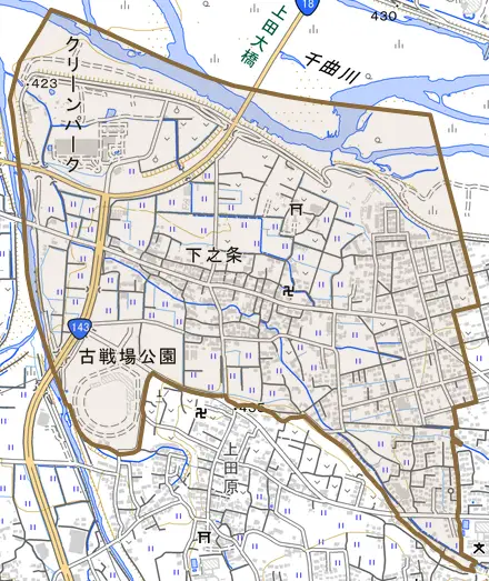 下之条とその周辺の地図。町の範囲を重ねている