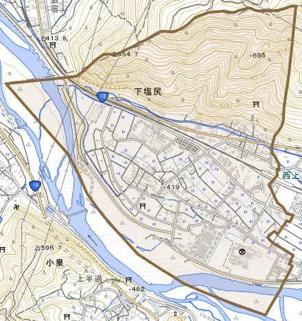下塩尻とその周辺の地図。町の範囲を重ねている