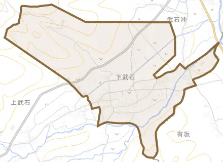 下武石とその周辺の地図。町の範囲を重ねている