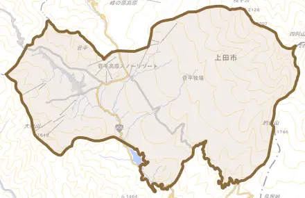 菅平高原とその周辺の地図。町の範囲を重ねている