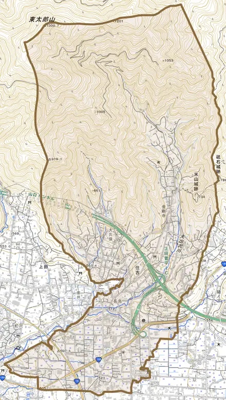 住吉とその周辺の地図。町の範囲を重ねている
