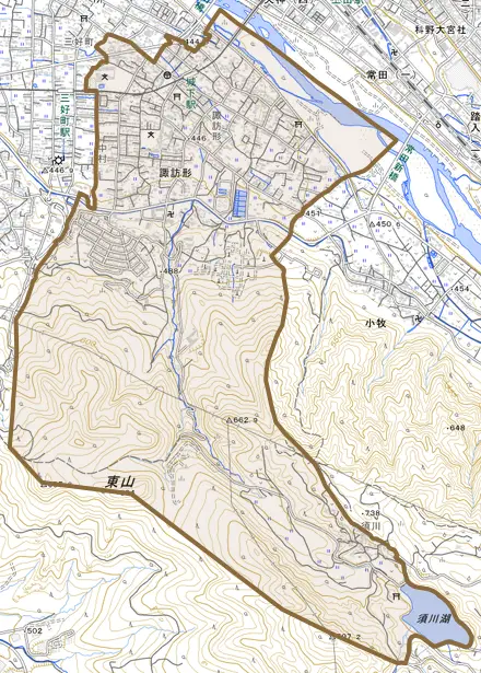 諏訪形とその周辺の地図。町の範囲を重ねている