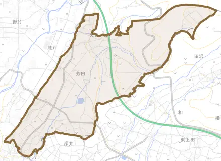芳田とその周辺の地図。町の範囲を重ねている