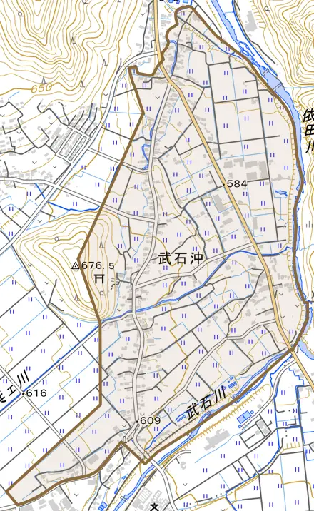 武石沖とその周辺の地図。町の範囲を重ねている