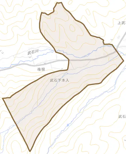 武石下本入とその周辺の地図。町の範囲を重ねている