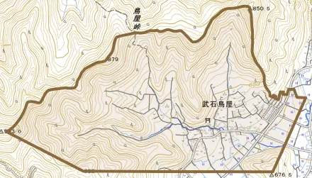 武石鳥屋とその周辺の地図。町の範囲を重ねている
