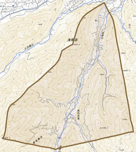 武石余里とその周辺の地図。町の範囲を重ねている