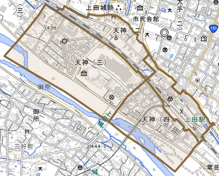 天神とその周辺の地図。町の範囲を重ねている