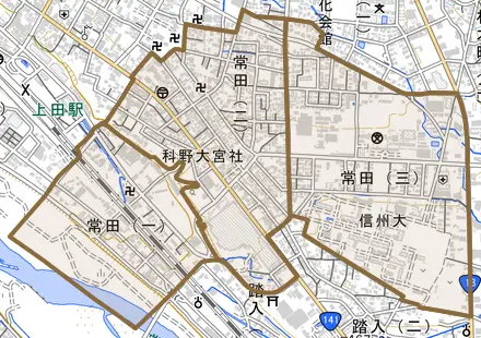 常田とその周辺の地図。町の範囲を重ねている