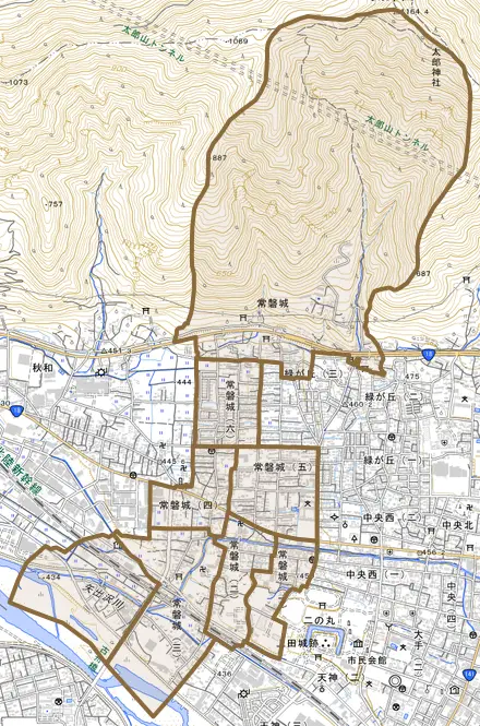 常磐城とその周辺の地図。町の範囲を重ねている