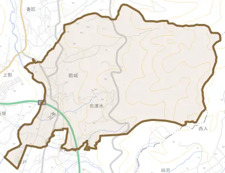 殿城とその周辺の地図。町の範囲を重ねている