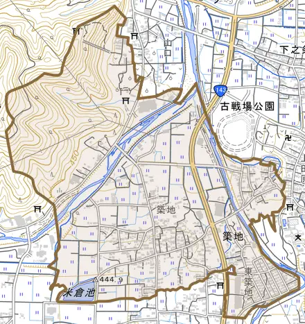 築地とその周辺の地図。町の範囲を重ねている