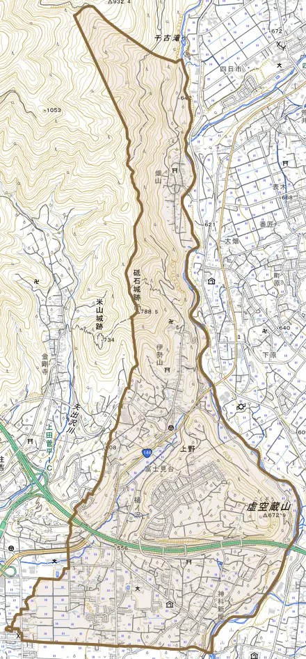 上野とその周辺の地図。町の範囲を重ねている