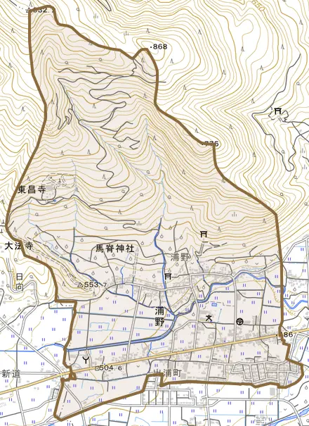 浦野とその周辺の地図。町の範囲を重ねている
