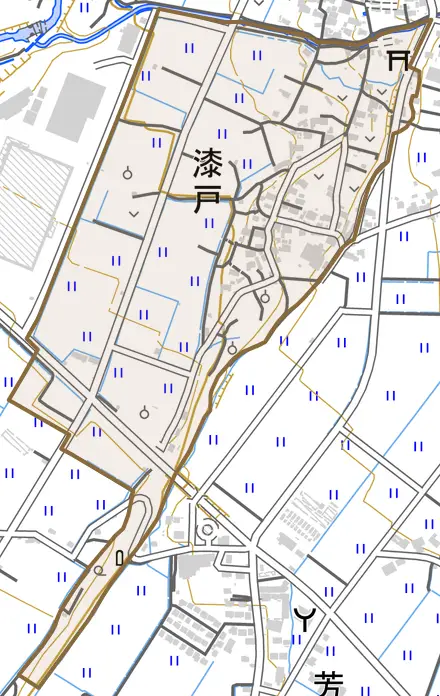 漆戸とその周辺の地図。町の範囲を重ねている