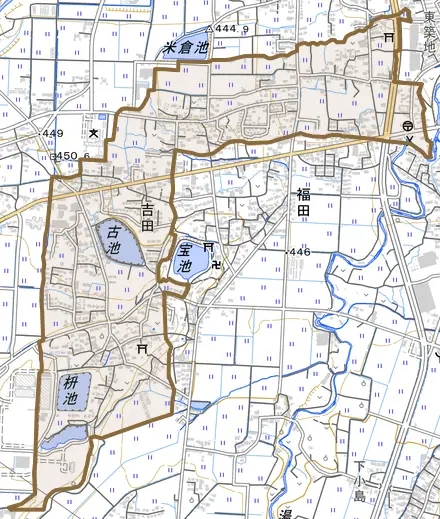 吉田とその周辺の地図。町の範囲を重ねている