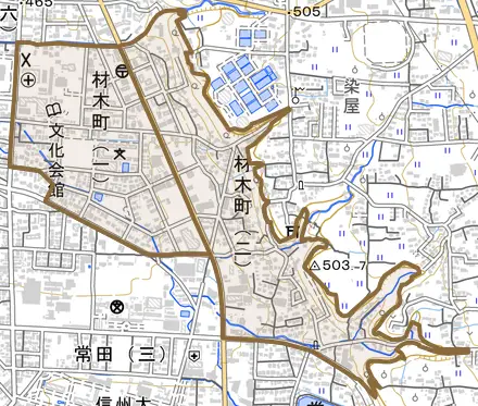 材木町とその周辺の地図。町の範囲を重ねている