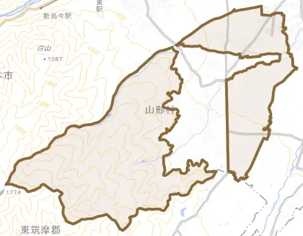 下竹田とその周辺の地図。町の範囲を重ねている