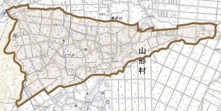 上竹田とその周辺の地図。町の範囲を重ねている