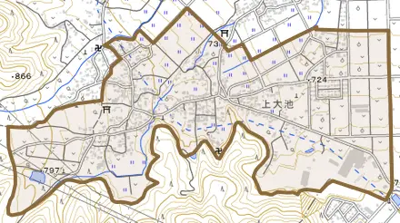 上大池とその周辺の地図。町の範囲を重ねている