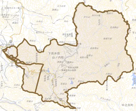 大字平穏とその周辺の地図。町の範囲を重ねている