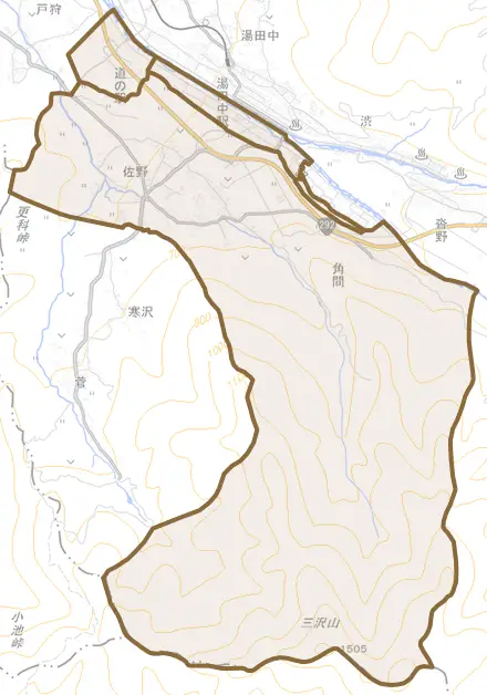 大字佐野とその周辺の地図。町の範囲を重ねている