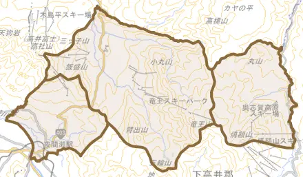 大字夜間瀬とその周辺の地図。町の範囲を重ねている