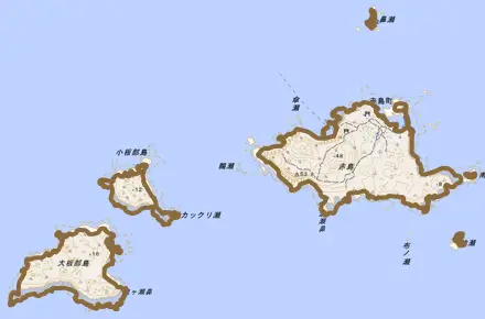 赤島町とその周辺の地図。町の範囲を重ねている