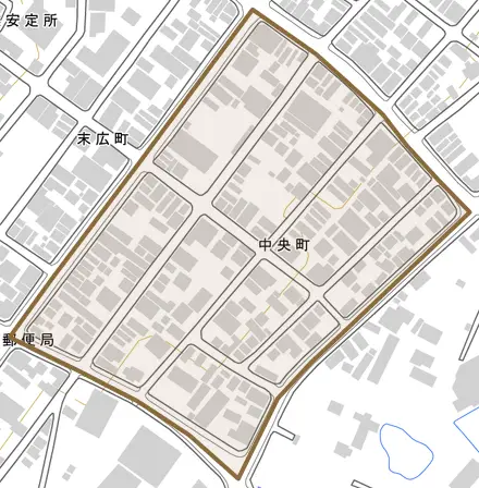 中央町とその周辺の地図。町の範囲を重ねている